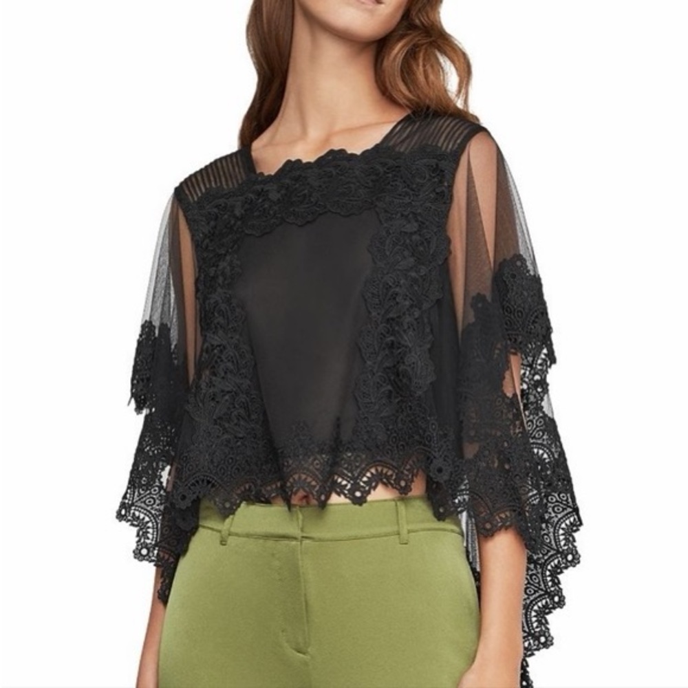 BCBG MaxAzaria Women’s Top Black Bailie Tulle Lace Cropped Overlay Top - M